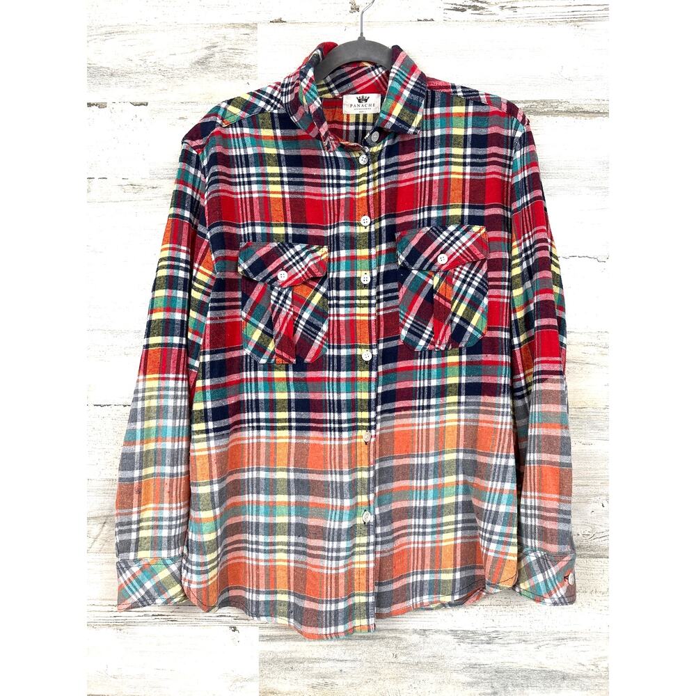 Panache Womens L Multi Dip Dyed Bleached Plaid Cotton Flannel Button Up Shirt